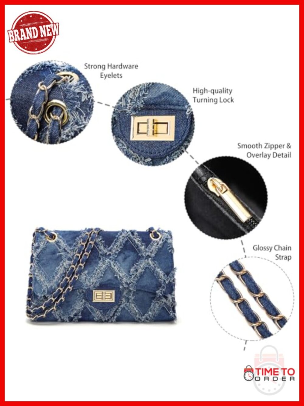 Quilted Denim Crossbody Bag Satchel Shoulder Purse with Chain Strap - Picture 4 of 6